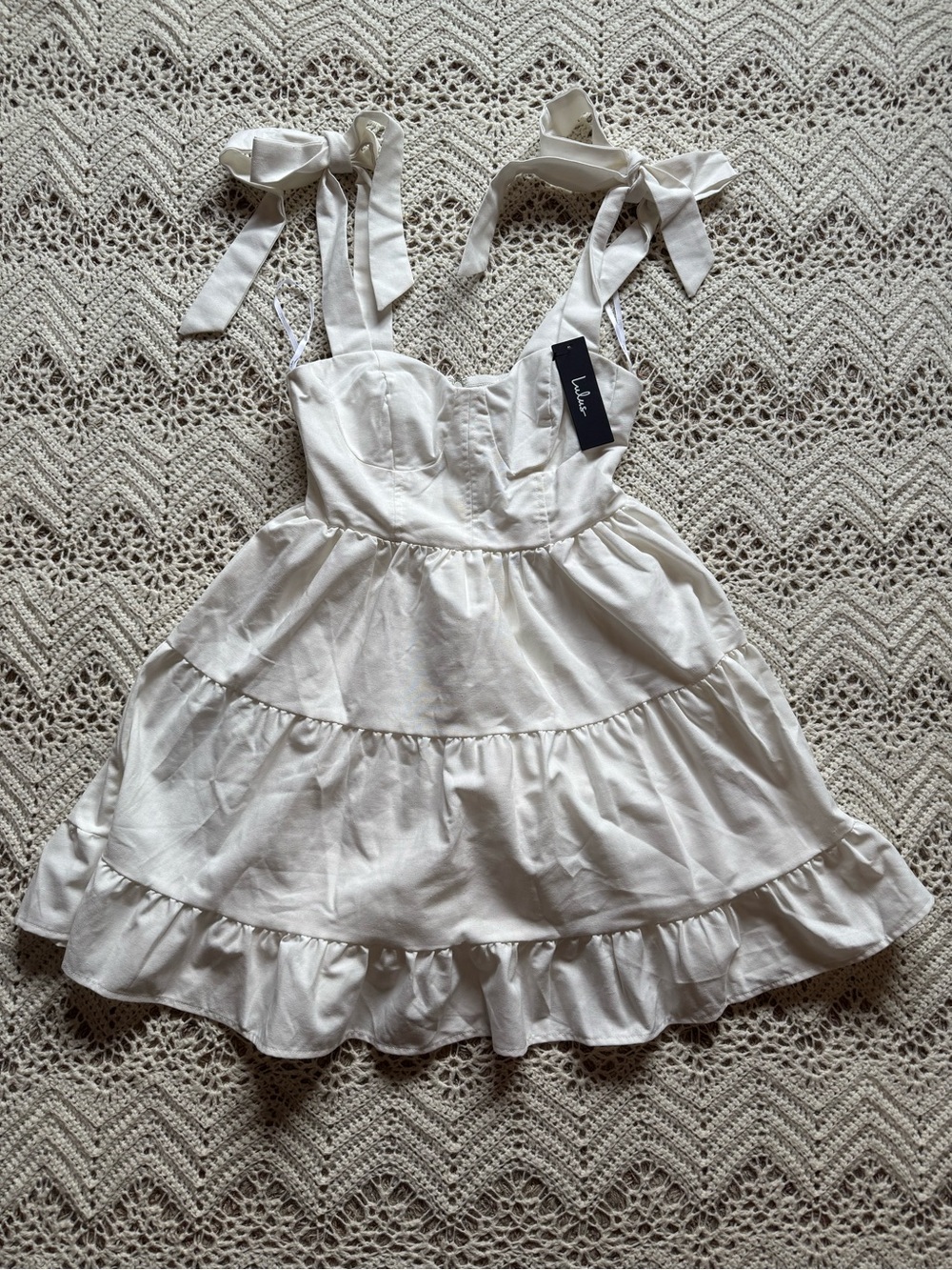 NWT Lulus Tier-ly Delightful White Tie-Strap Tiered Bustier Mini Dress XS White - Picture 3 of 9